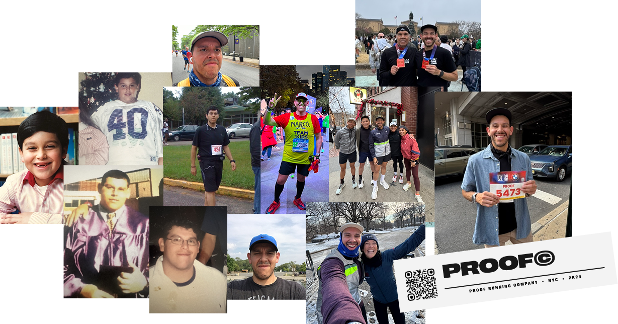 A collage tracing Marco’s journey from childhood through running, racing, coaching, and building Proof
